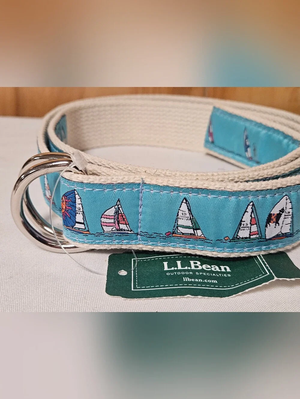 The Belted Cow Sail Boat Ship Blue Canvas Belt Men Size L Nautical L.L. BEAN